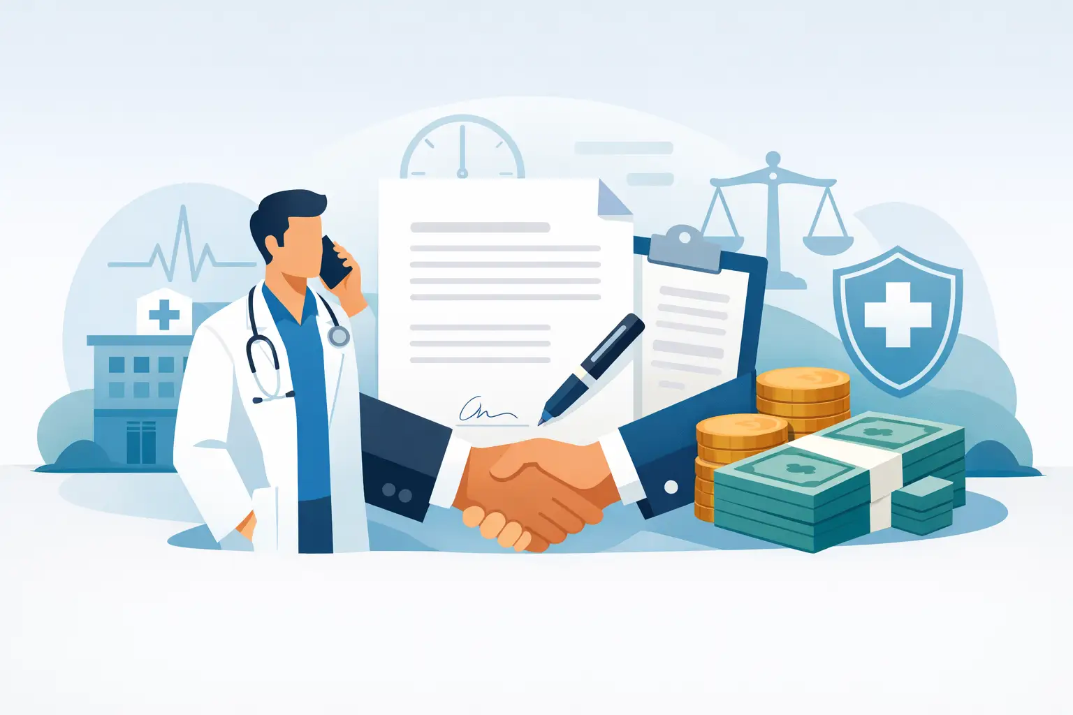 Physician reviewing call pay contract terms with pen and stethoscope on desk