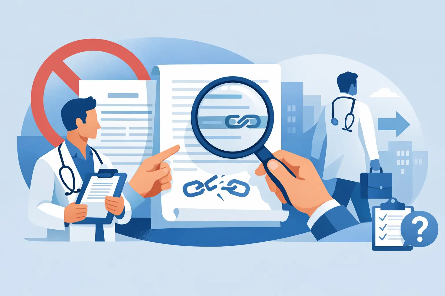 Physician reviewing an employment contract with a non-compete clause at a desk