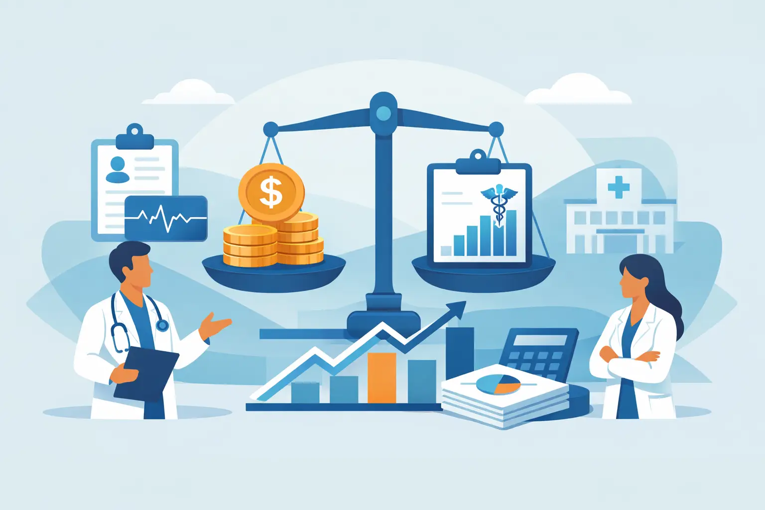 Illustration of two physicians beside a scale weighing money against a wRVU productivity chart