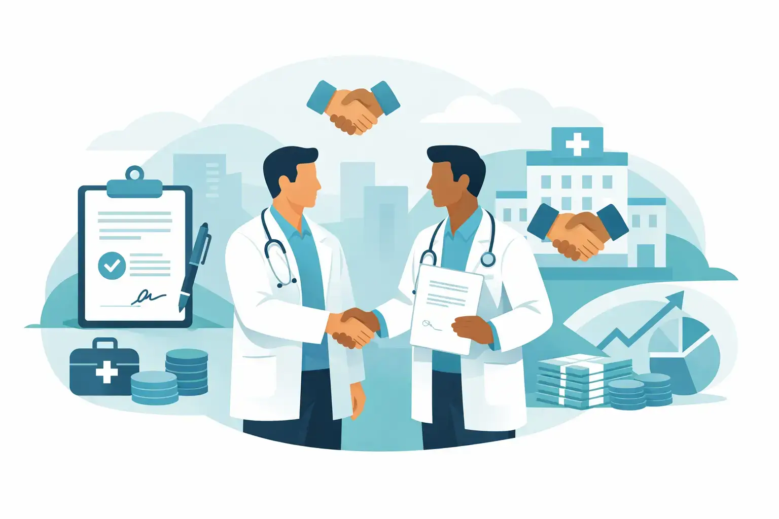 Illustration of two physicians shaking hands over a signed contract beside money, growth charts, and a hospital, representing a physician partnership buy-in agreement
