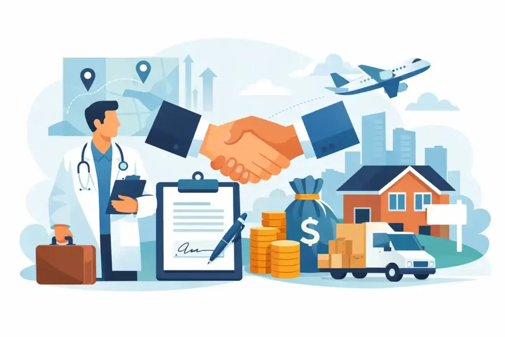 Illustration of a physician employment agreement and relocation package. A doctor holding a briefcase stands beside a signed contract and pen, while two hands shake overhead. Surrounding elements include a map, airplane, stack of coins, money bag, moving truck, and house, symbolizing physician recruitment, relocation assistance, contract negotiations, and financial incentives.