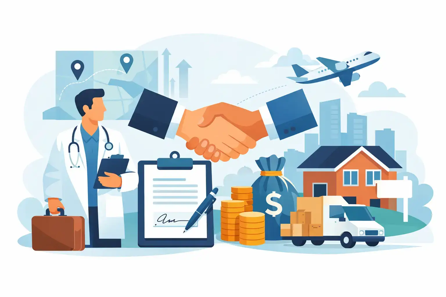 Illustration of a physician employment agreement and relocation package. A doctor holding a briefcase stands beside a signed contract and pen, while two hands shake overhead. Surrounding elements include a map, airplane, stack of coins, money bag, moving truck, and house, symbolizing physician recruitment, relocation assistance, contract negotiations, and financial incentives.