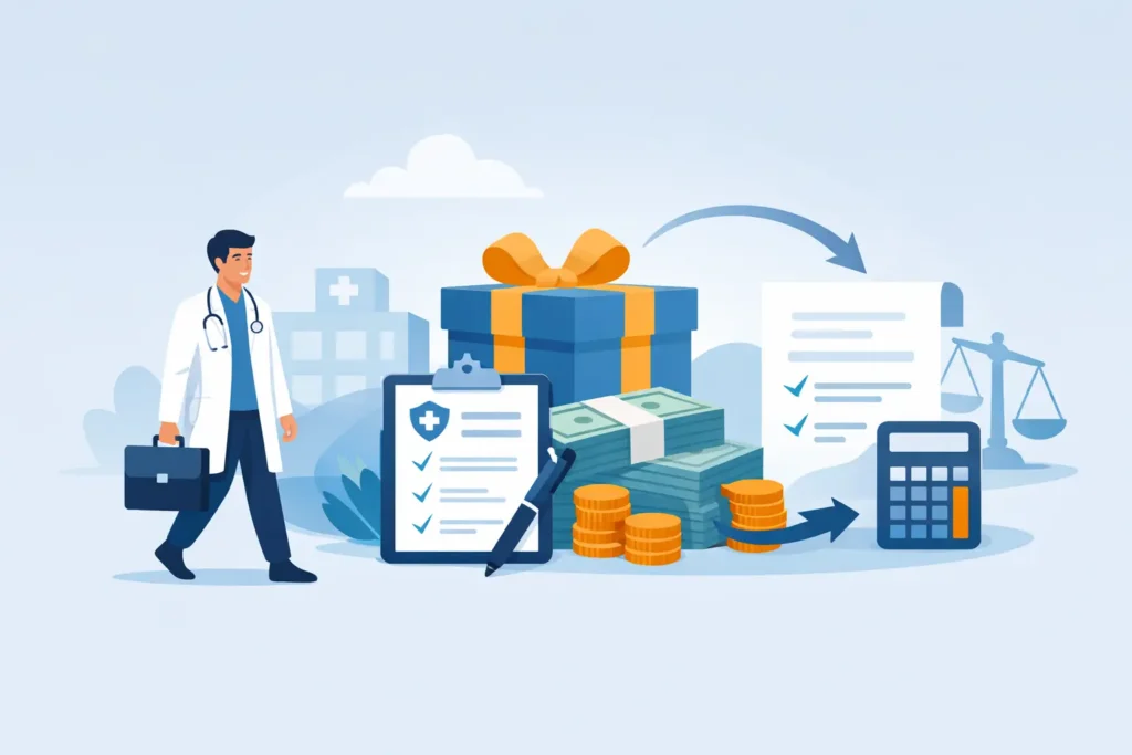 Illustration of a physician beside a gift box and cash with an arrow looping back to a contract, representing sign-on bonus repayment