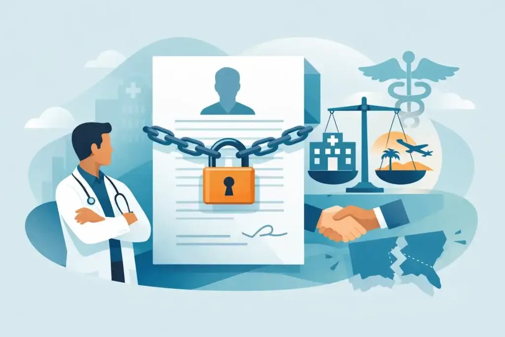 Illustration of a physician beside a contract sealed with a chain and padlock, with a scale weighing a hospital against relocation, representing a restrictive covenant
