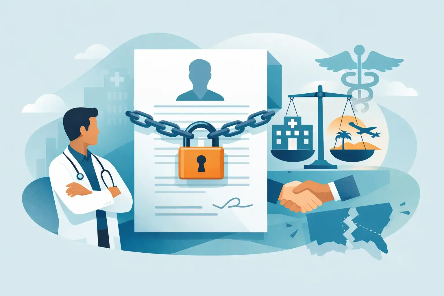 Illustration of a physician beside a contract sealed with a chain and padlock, with a scale weighing a hospital against relocation, representing a restrictive covenant