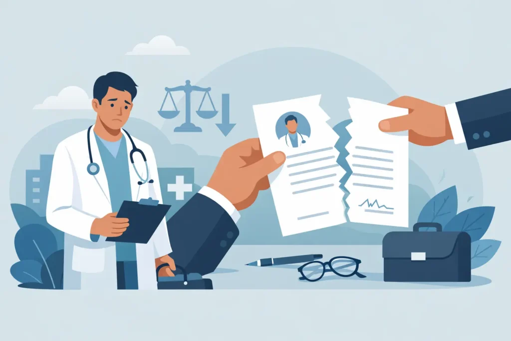 Termination Without Cause in a Physician Contract: Now I can see the image. It's a flat-style illustration of a concerned physician holding a clipboard while two hands tear an employment contract (showing the physician's photo) in half, with a downward-pointing scale of justice, a briefcase, glasses, and a pen nearby — clearly capturing the theme of a contract being ended. Here's text matched to it: Alt text: Illustration of two hands tearing a physician's employment contract in half while a concerned doctor looks on, representing termination without cause