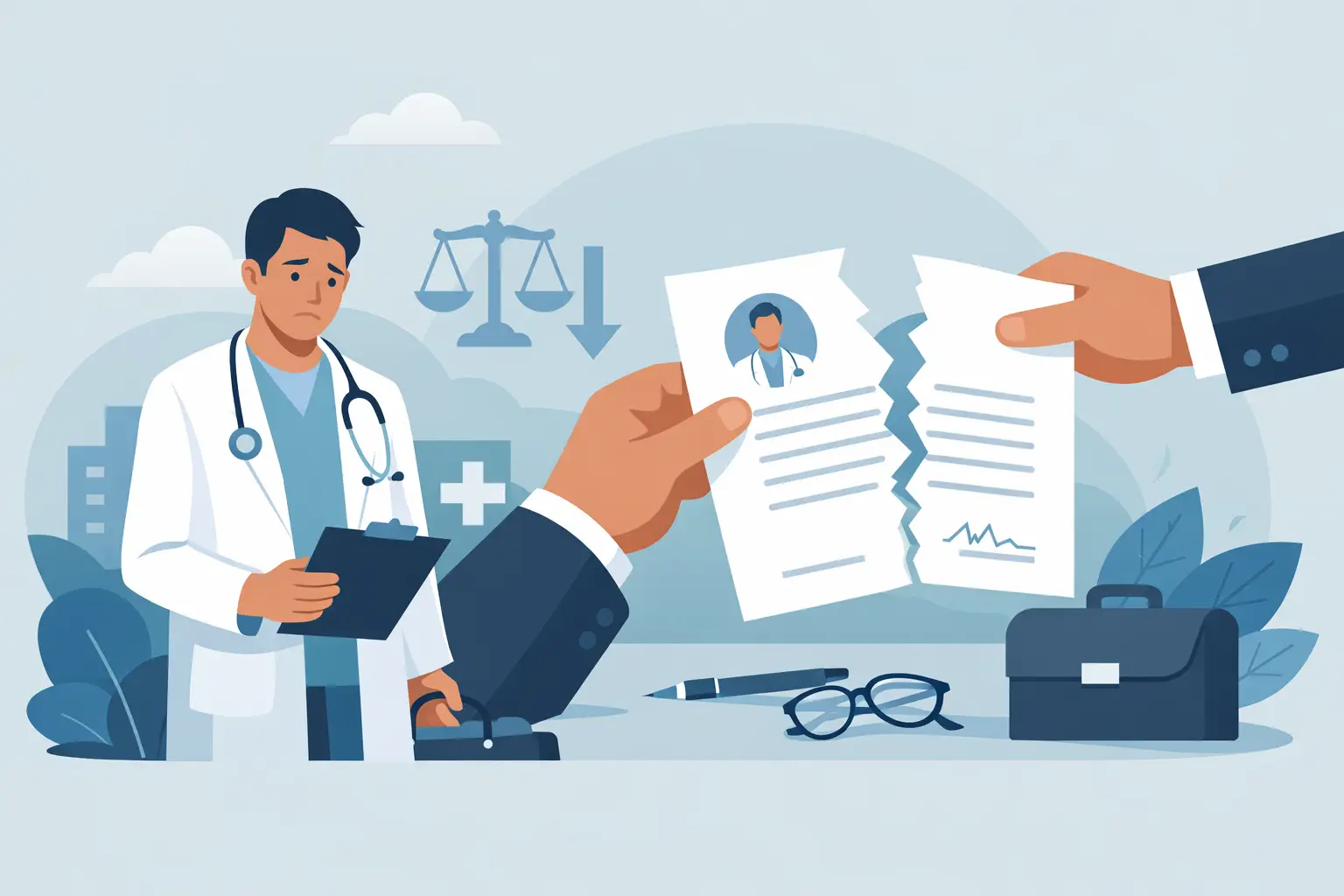 Termination Without Cause in a Physician Contract: Now I can see the image. It's a flat-style illustration of a concerned physician holding a clipboard while two hands tear an employment contract (showing the physician's photo) in half, with a downward-pointing scale of justice, a briefcase, glasses, and a pen nearby — clearly capturing the theme of a contract being ended. Here's text matched to it: Alt text: Illustration of two hands tearing a physician's employment contract in half while a concerned doctor looks on, representing termination without cause