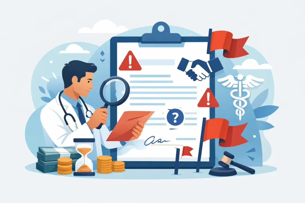 Illustration of a physician examining a contract with a magnifying glass surrounded by red warning flags and alert icons, representing physician contract red flags