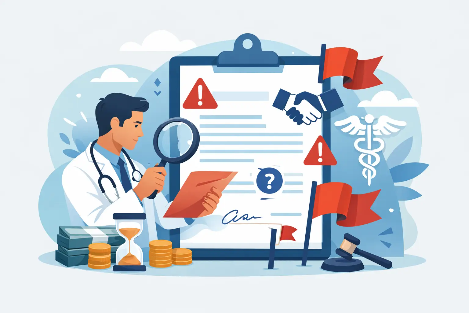 Illustration of a physician examining a contract with a magnifying glass surrounded by red warning flags and alert icons, representing physician contract red flags