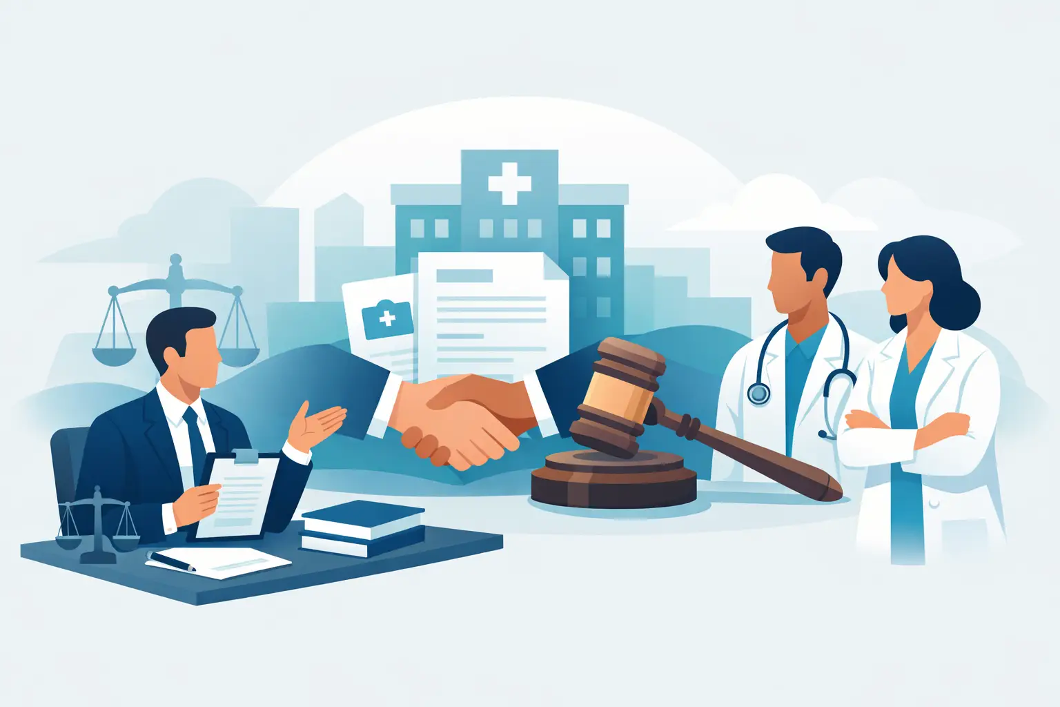 Illustration of an attorney shaking hands with physicians beside a gavel, scale of justice, and hospital, representing a medical practice acquisition attorney