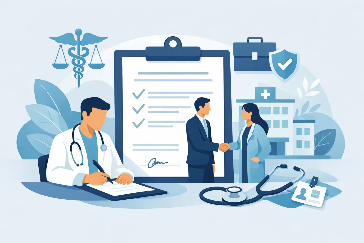 Illustration of a physician signing a contract while an employer and doctor shake hands, representing a physician employment agreement guide